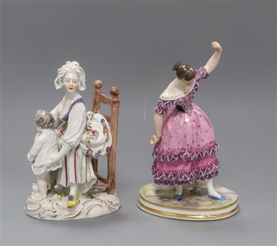 Two Vienna style porcelain figures of a mother and child and a dancer tallest 20cm